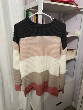 Pink Lily Striped Crewneck Knit Sweater in Black, Pink, Cream, Brown & Rust
